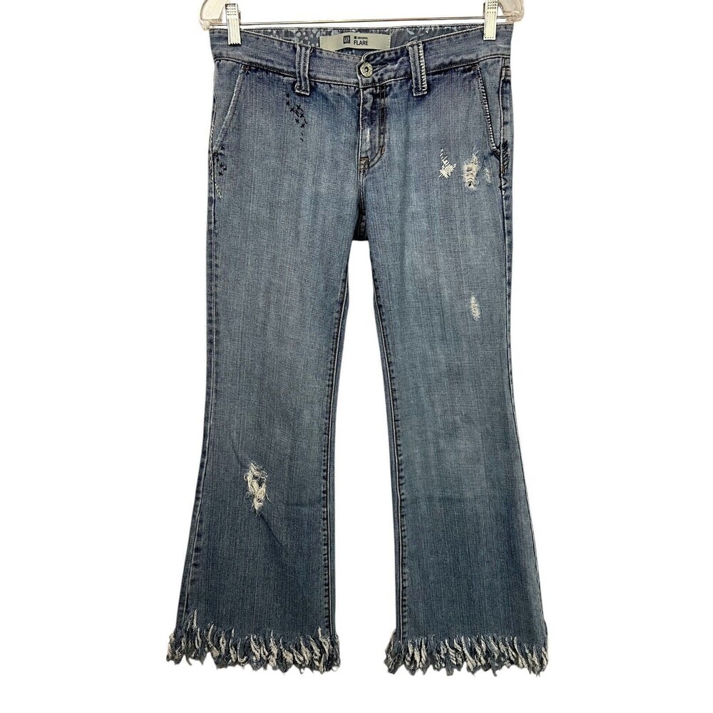 GAP Original Flare Lowrise Fringed Y2K Jeans w Flap Pockets Size 4 Festival Boho